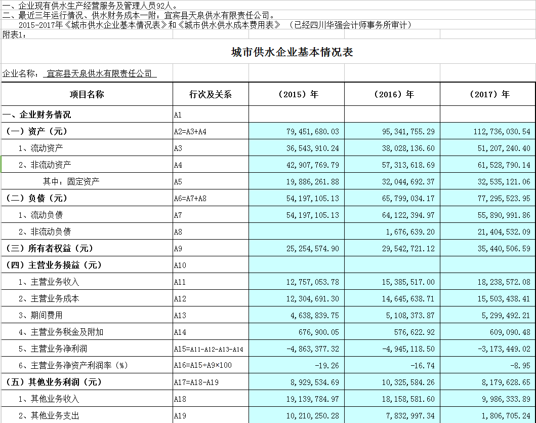 天泉供水公司城市供水企业基本情况表